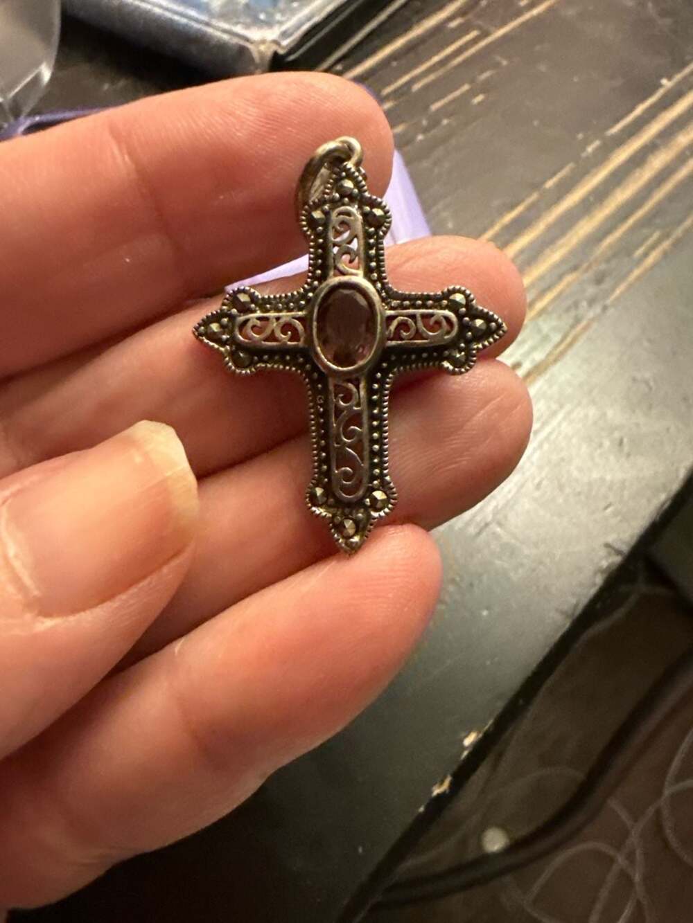 Vintage Sterling Silver Cross Pendant with Amethyst and Marcasite